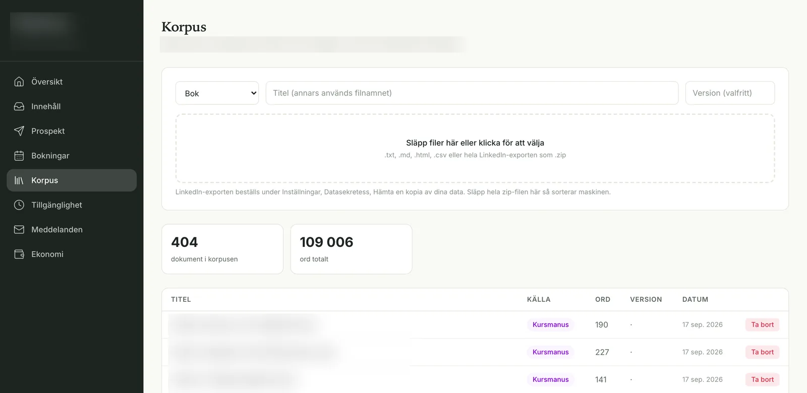 Het korpusscherm met een uploadvak voor tekstbestanden en een LinkedIn-export, de tellers 404 documenten en 109.006 woorden, en de eerste rijen van de documentenlijst met bron, aantal woorden en datum; de titels en de naam van de oprichter zijn vervaagd. Zweedse interface.