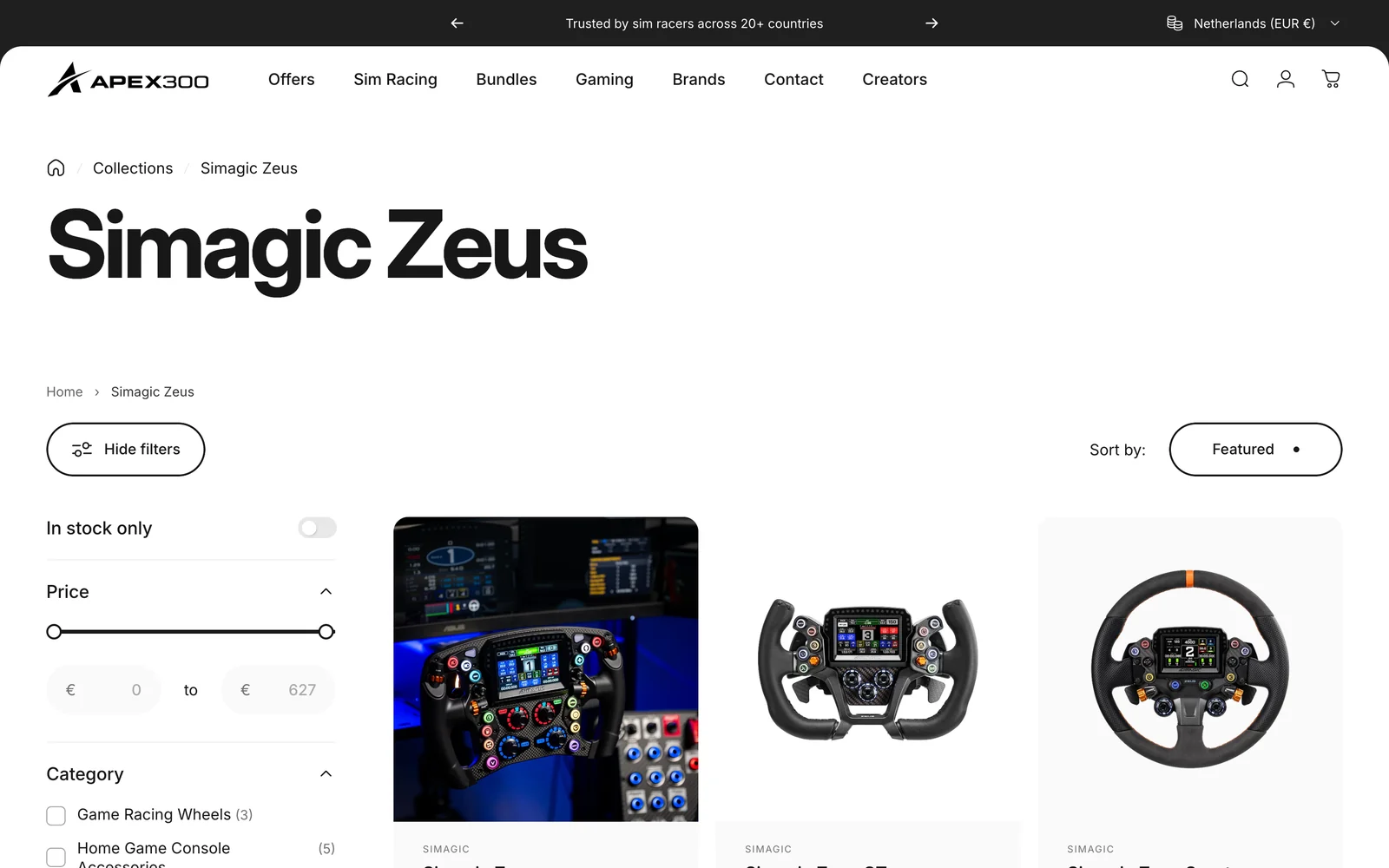 Collectiepagina van de Simagic Zeus op apex300.com met filters op voorraad, prijs en categorie en de eerste producten