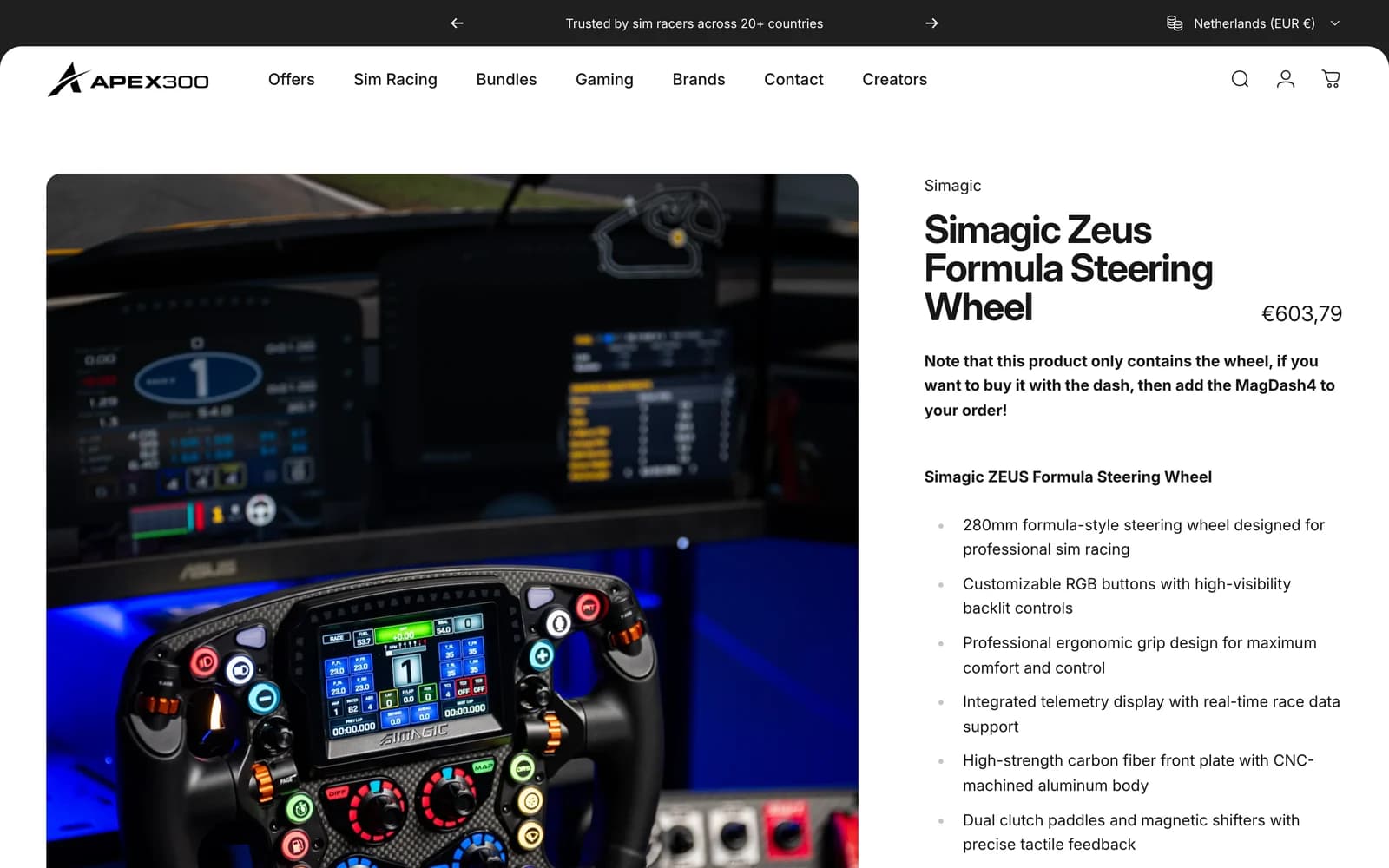 Productpagina van het Simagic Zeus Formula-stuur op apex300.com met grote foto, titel, prijs en specificaties