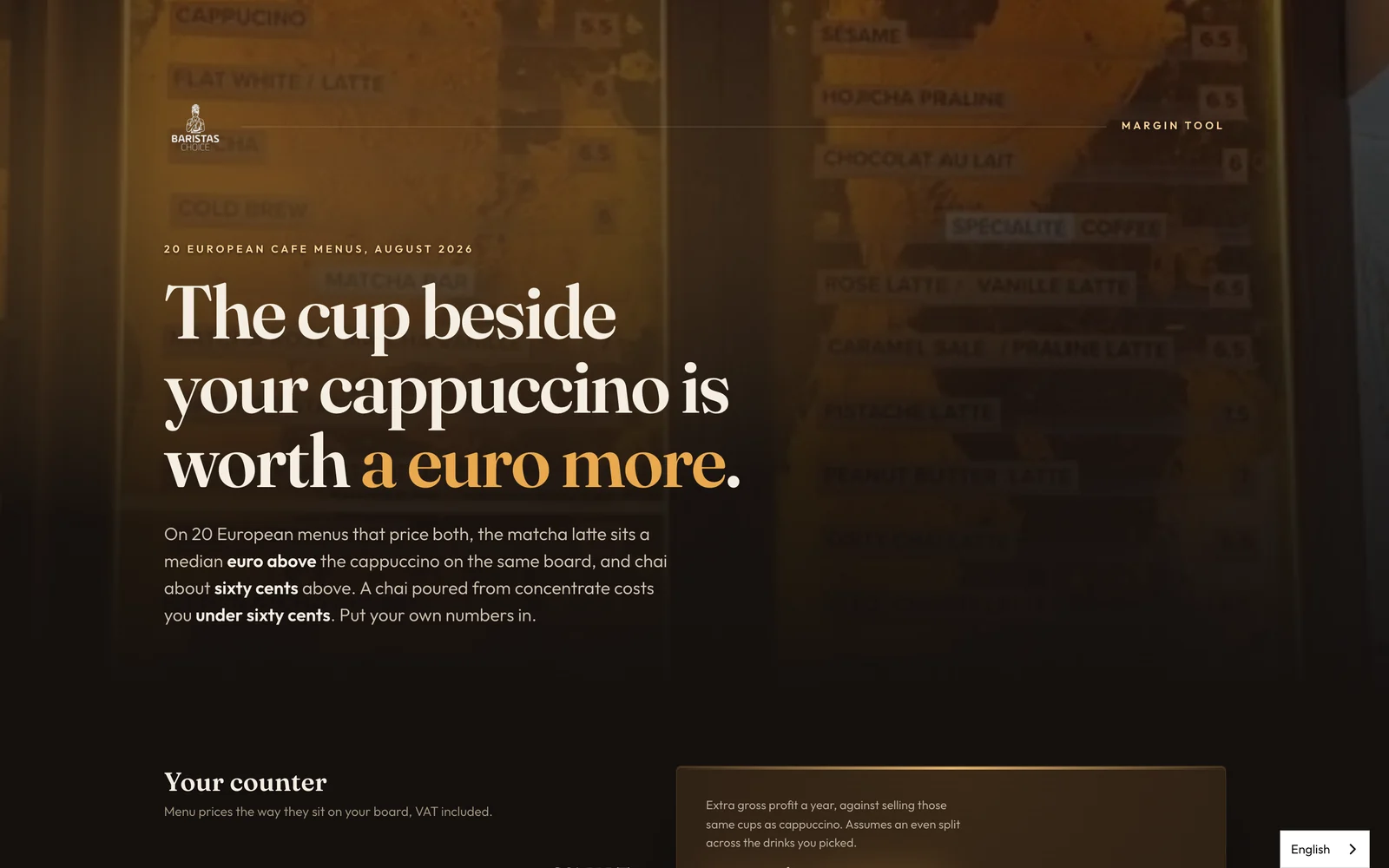 De kop van de calculatorpagina op baristaschoice.eu met de titel en de foto van een menubord
