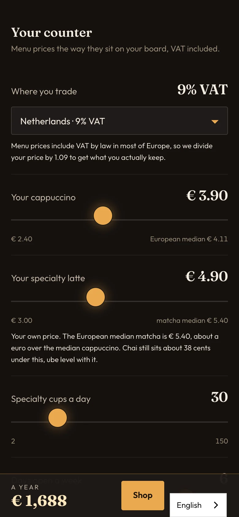 De landkeuze in de margecalculator met het btw-tarief per land, op een telefoon