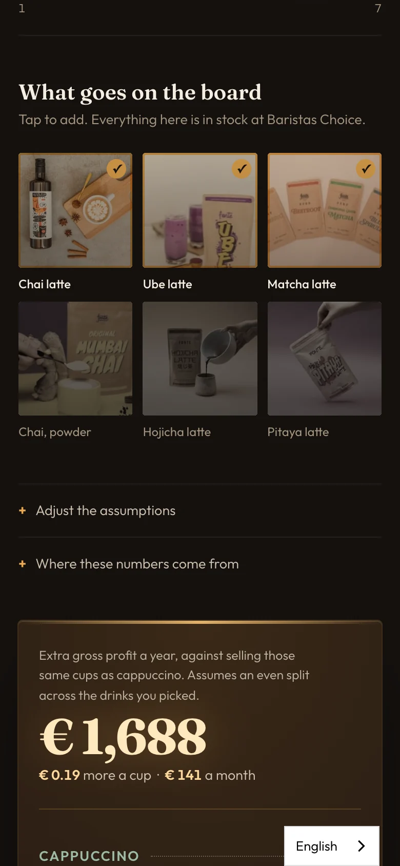 De margecalculator van Baristas Choice op een telefoon, met de drankenkiezer en de uitkomst per jaar, met voorbeeldinvoer