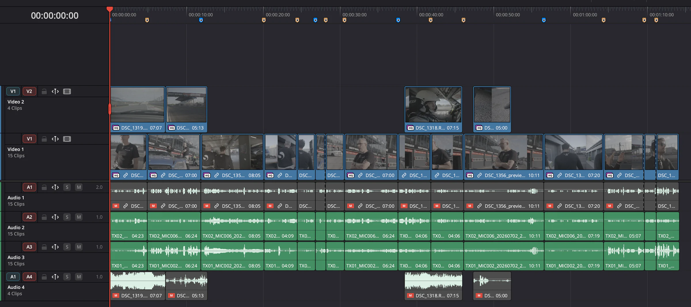 De nieuwe tijdlijn in DaVinci Resolve: B-roll op V2, het interview op V1, het geluid van camera en microfoons op A1 tot A4, en markeringen boven de tijdlijn
