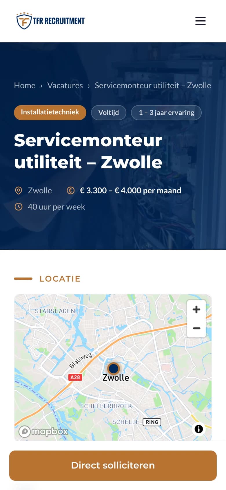 Een vacature op tfrrecruitment.nl op een telefoon, met kaart van de locatie en een knop om direct te solliciteren