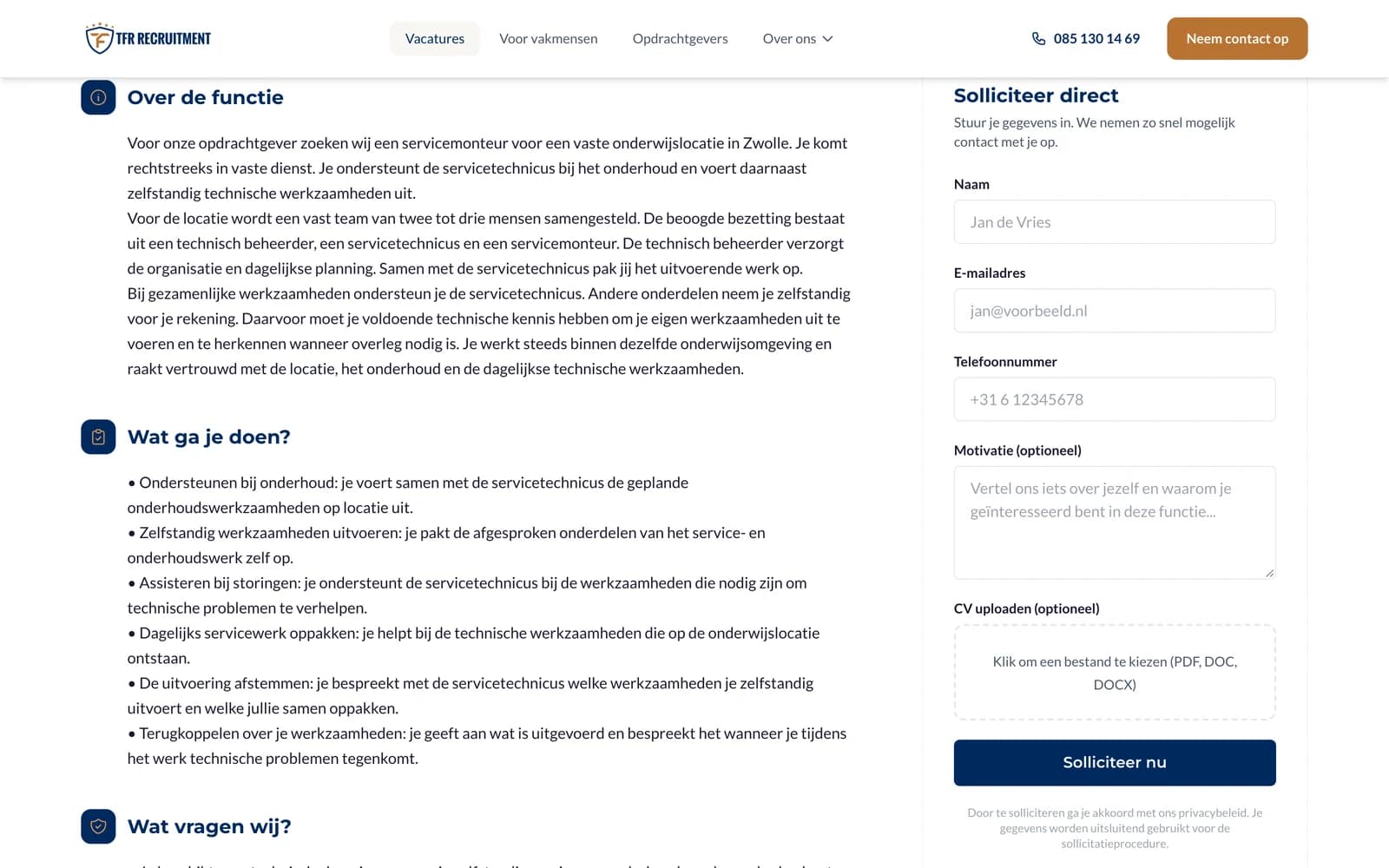 Vacaturepagina op tfrrecruitment.nl met sollicitatieformulier en cv-upload