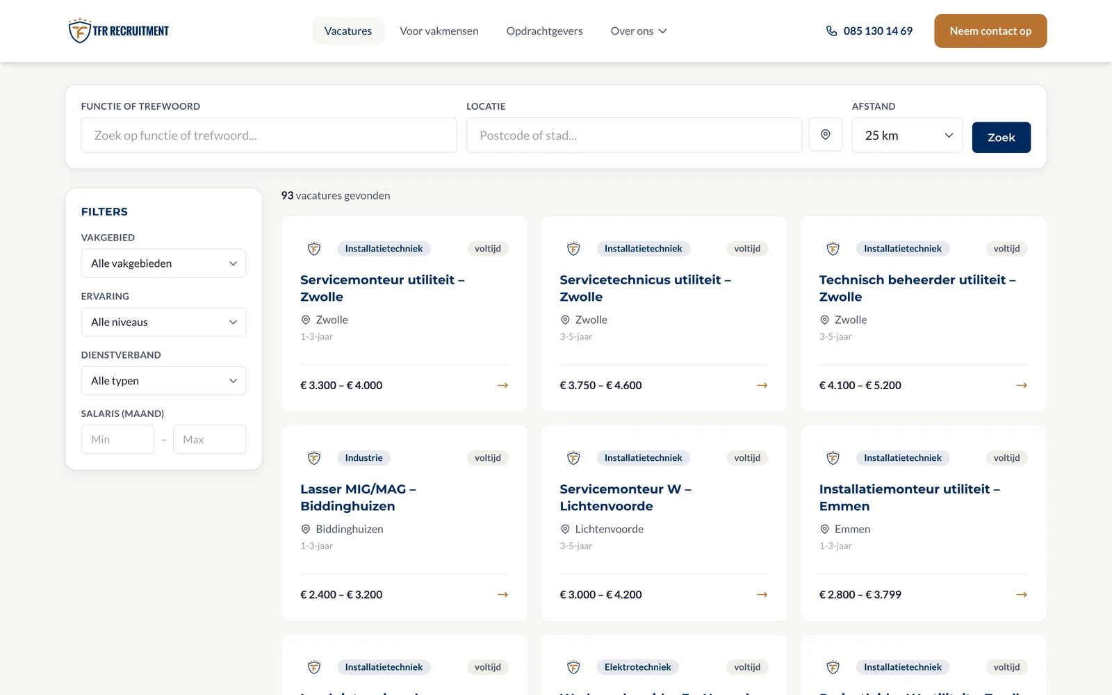 Vacatureoverzicht op tfrrecruitment.nl met filters op sector, ervaring, dienstverband en locatie